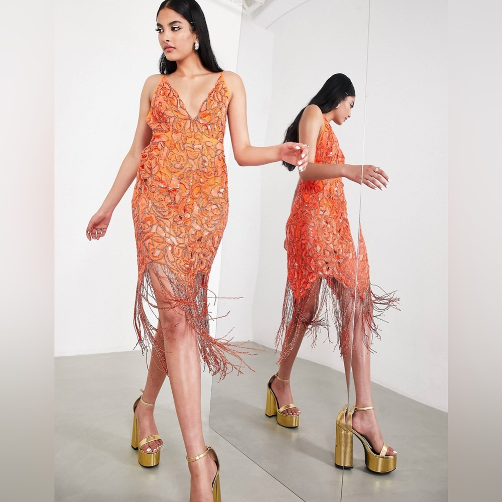 ASOS EDITION sequin cutwork cami midi dress with fringe hot orange Size 6